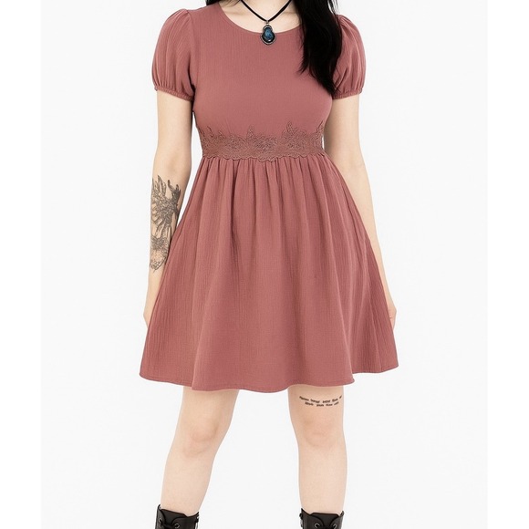 Disturbia Dresses & Skirts - Disturbia Rosamoth Applique Trim Cotton Mini Smock Mauve Dress US10 Soft Grunge
